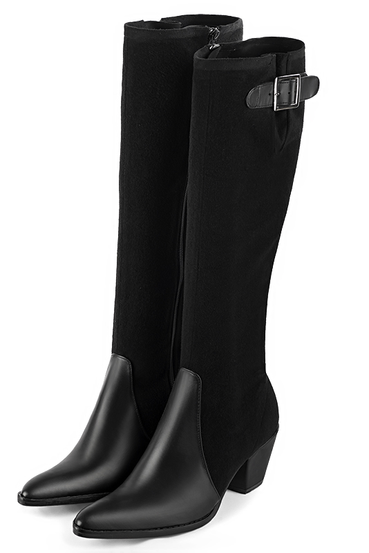 Satin black women's knee-high boots with buckles. Tapered toe. Medium cone heels. Made to measure - Florence KOOIJMAN